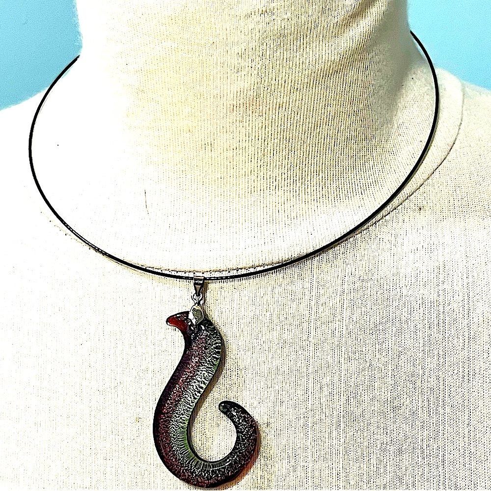 Handmade Hawaiian Fishhook Glass Pendant Necklace Magnetic Clasp